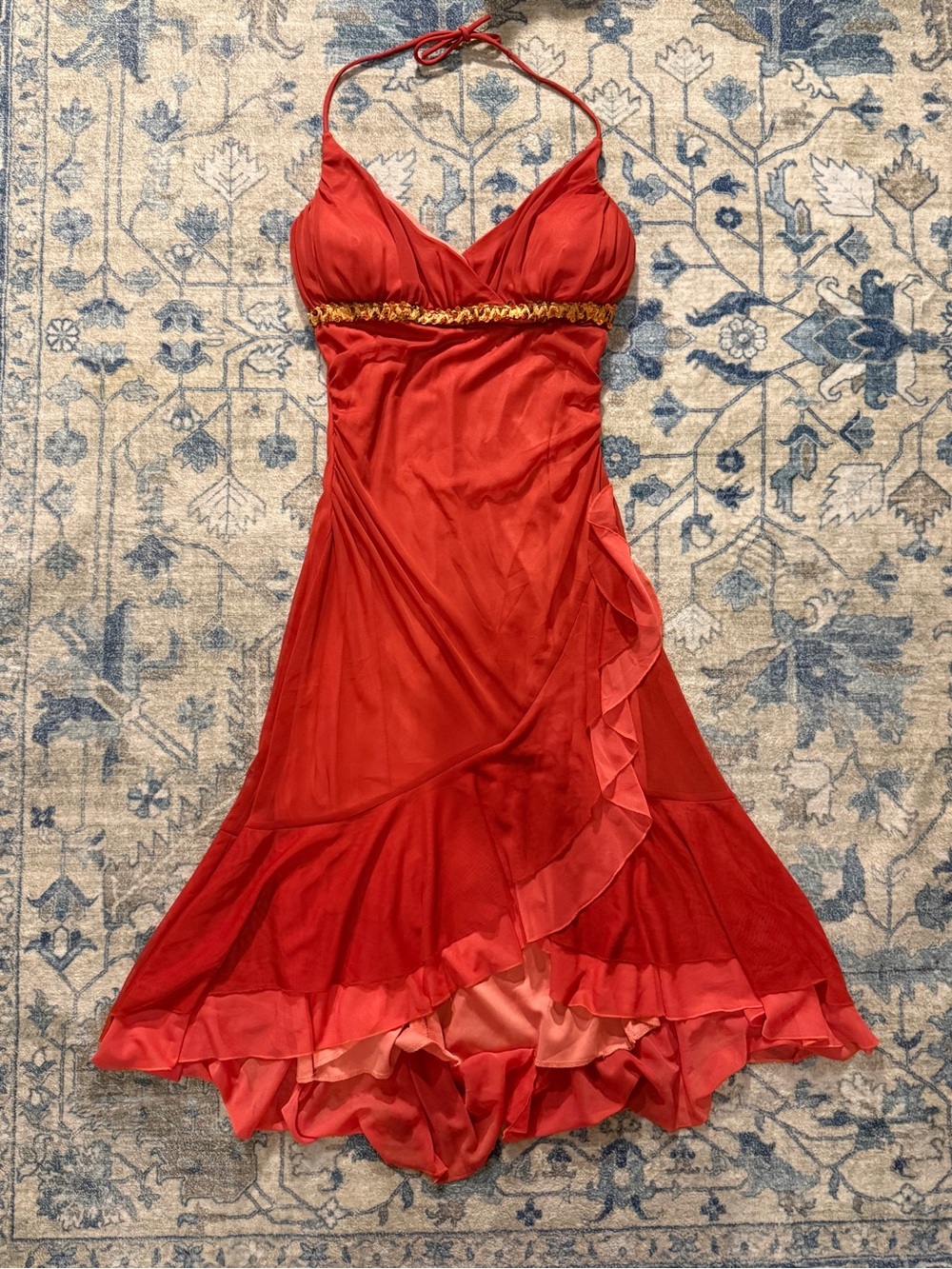 City Triangles Red Halter Ruffle-High Low Dress with Gold Trim